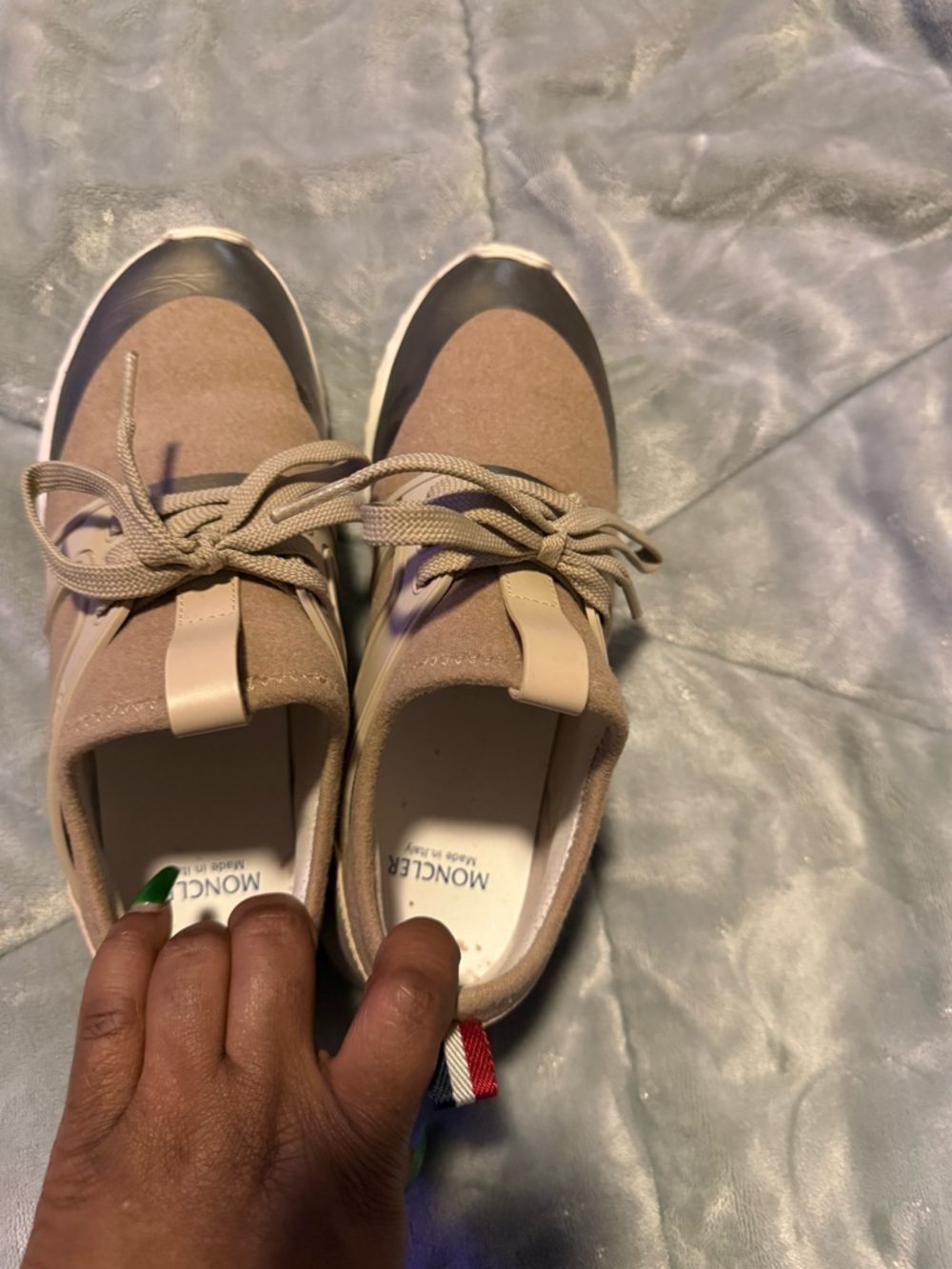Moncler Women's Taupe and Cream Lace-Up Sneakers with Tricolor Heel Tab
